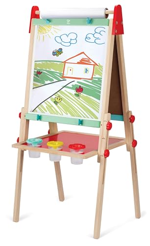 Hape All-in-One Wooden Kids Art Easel | Double Sided Magnetic Whiteboard & Chalkboard | Adjustable Height with Paper Roll, Paint Pots & Magnets | Kids Standing Easel | Award Winning Creative Toy | 3Y