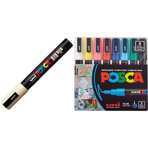 posca Full Set of 8 Fine Point Pens + Beige Acrylic Paint Pen with Medium Bullet