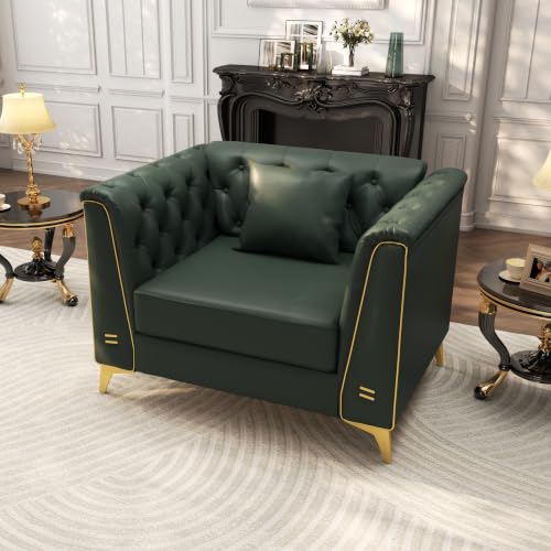 Image of KEIKI 40 inch Faux Leather Chesterfield Sofa with Handmade Button Tufted, Green