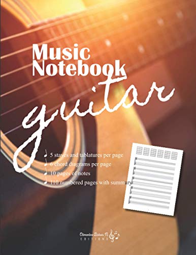 Music notebook Guitar: v1-2 Large blank sheet music whith 5 staves and tablatures + 6 chord diagrams per page with index for guitar guitarist | 110 numbered pages + title | folk guitar
