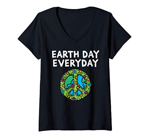 Femme Earth Day Everyday Peace Symbol Sign Flower Environmental T-Shirt avec Col en V