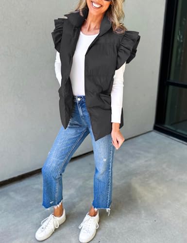 Gihuo Women's Ruffle Sleeve Puffer Vest Winter Padded Vests Outerwear Button Down Sleeveless Quilted Jackets4