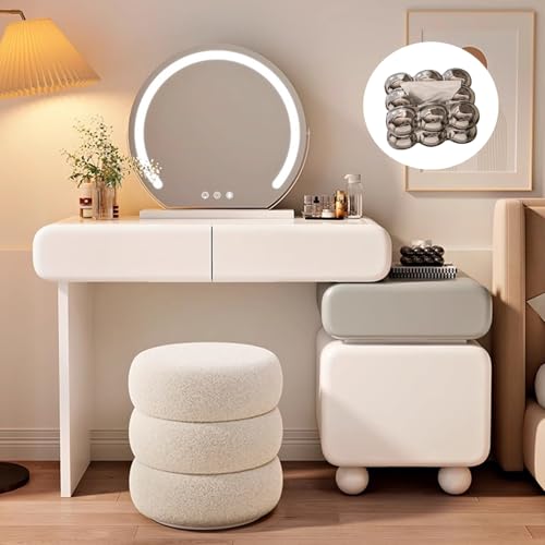 LVYWEX Tocador con Espejo Iluminado,Escritorio Extensible 4 Cajones Grandes,Estilo Minimalista Blanco/Gris,3 Banquillos Opcionales(A,White+Grey_80CM)