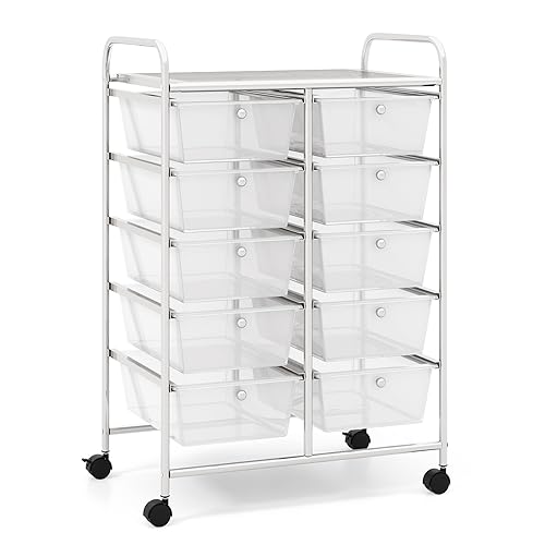 COSTWAY Chariot de Rangement 10 Tiroirs en PP, Tour de Rangement, Cadre en Métal, Desserte Meuble Tiroir pour École, Salle de Bain, Maquillage, Cuisine