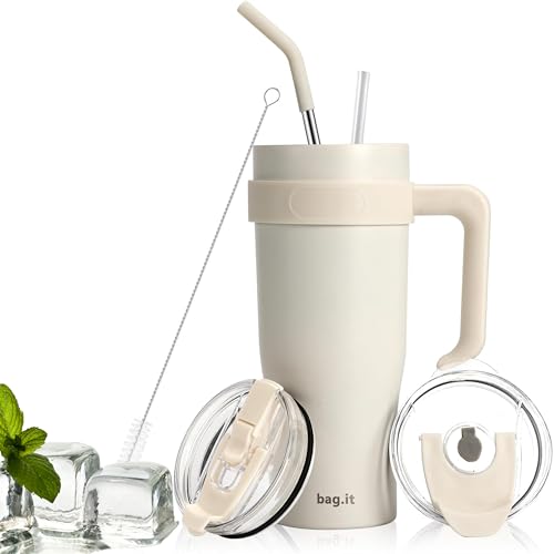 BAG.IT Travel Mug with Straw and Lid, Tumbler with Handle, Stainless Steel Travel Flask with Straws & Lids | Leak Proof Coffee Stanle Cup for Hot or Iced Drink (Cream, 40oz) BAG.IT Travel Mug with Straw and Lid, Tumbler with Handle, Stainless Steel Travel Flask with Straws & Lids | Leak Proof Coffee Stanle Cup for Hot or Iced Drink (Cream, 40oz)