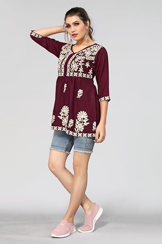 Image of Winza Designer Rayon Chikankari Embroidered Short Kurti | Plus Size Kurta Tunic Top