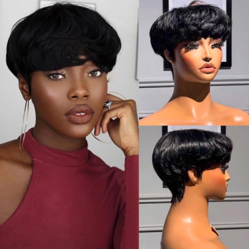 Pink Planet Pixie Cut Wig Human Hair Pixie Wigs Human Hair for Black Women Glueless Wig Short Human Hair Wigs with Bangs Short Wig Bowl Cut Straight Layered for Daily Use 0501-1B