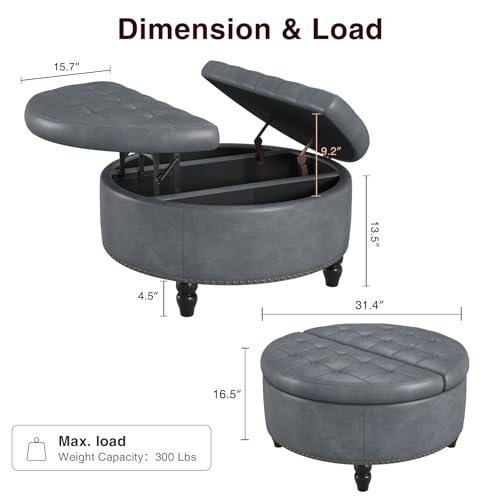 Vabches 30 Inch Round Storage Ottoman,Modern Button Tufted Coffee Table with Lift Top, Large Round Leather Ottoman Upholstered Footrest Stool Toy Blanket Storage for Living Room, Gray