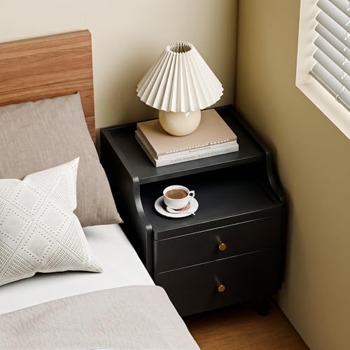 Image of Nightstand Set of 2, Pre-Assembled, 19.7 inchH Solid Wood Night Stand with 2 Drawers, Open Sliding Shelf, Mid Century Modern Small Bedside Table for Bedroom, Black 16 inch