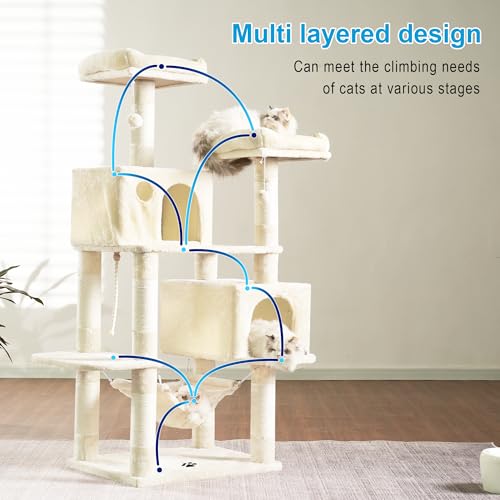 Image of Hey-brother Large Multi-Level Cat Tree Condo Furniture with Sisal-Covered Scratching Posts, 2 Bigger Plush Condos, Perch Hammock for Kittens, Cats and Pets Beige MPJ020M
