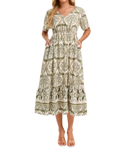 Image of Women's Summer Short Sleeve Maxi Floral Flowy Dresses with Pockets