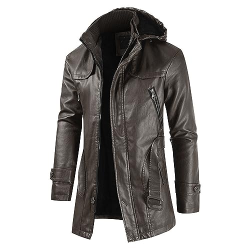 JEsilunmaMY Men's PU Leather Hooded Trench Coat Mid Length Belt Motorcycle Jacket Plus Size Fall Winter Bomber Windbreaker2