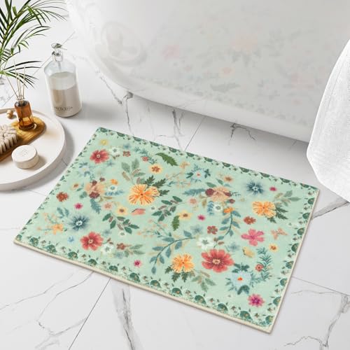 Uphome Green Bathroom Rug, Boho Non-Slip Bath Mat, Cute Soft