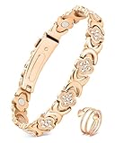 Feraco Pure Copper Bracelets & Rings for Women, Ultra Strength Magnetic Bracelet for Women with Neodymium Magnets & Sparkling Cubic Zirconia, Adjustable, Infinite Clover Jewelry (Rose Gold)