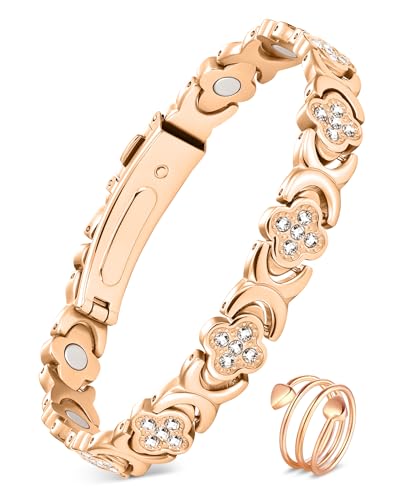 Feraco Pure Copper Bracelets & Rings for Women, Ultra Strength Magnetic Bracelet for Women with Neodymium Magnets & Sparkling Cubic Zirconia, Adjustable, Infinite Clover Jewelry (Rose Gold)