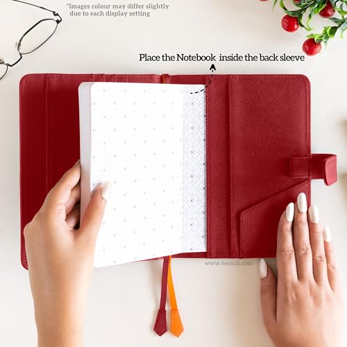 Image of NEORAH - B6 Notebook SLEEVE with SNAP Button + Dotgrid JOURNAL | Faux Leather Sleeve + Penloop | 2 Front 1 Back compartment | 6 Card Slots - RED