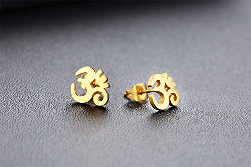 Unisex Buddha Namaste Ohm Om Aum Sanskrit Symbol Stud Earrings Stainless Steel Hindu Yoga Ear Plugs,Gold Plated