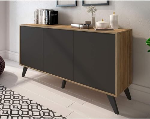 LC Mueble aparador Rectangular, Buffet Armario Auxiliar bajo, Salon Comedor 3 Puertas, Modelo Soto, Medidas: 138cm Ancho x 39.5cm Fondo x 70cm Alto (Roble-Grafito)
