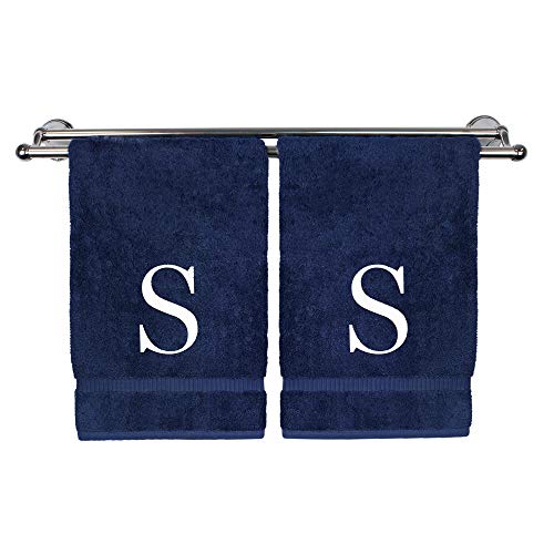 Monogrammed Hand Towel, Personalized Gift, Set of 2- White Block Letter Embroidered Towel - Extra Absorbent 100% Turkish Cotton - Soft Terry Finish - Initial S Navy
