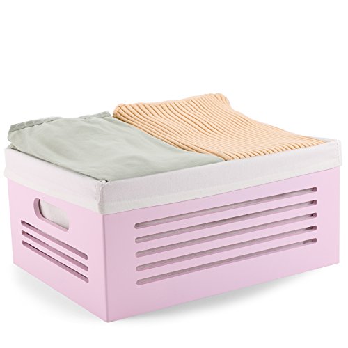 Wooden Storage Bin Containers - Decorative Closet, Cabinet and Shelf Basket Organizers Lined With Machine Washable Soft Linen Fabric - Pink, Large