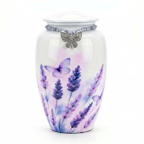 Cremation Urns for Human Ashes Adult Female Lavender Butterfly Metal Urn with Memorial Charm & Velvet Bag Handcrafted Human Urn for Ashes for Women Decorative for Funeral Burial Home Large