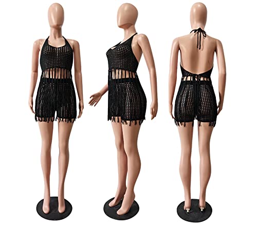 Women Sexy 2 Piece Beach Outfits Clubwear Crochet Tassel Crop Top Bodycon Shorts Set Bikini Swimwear Cover Ups Black Xl #TOP2