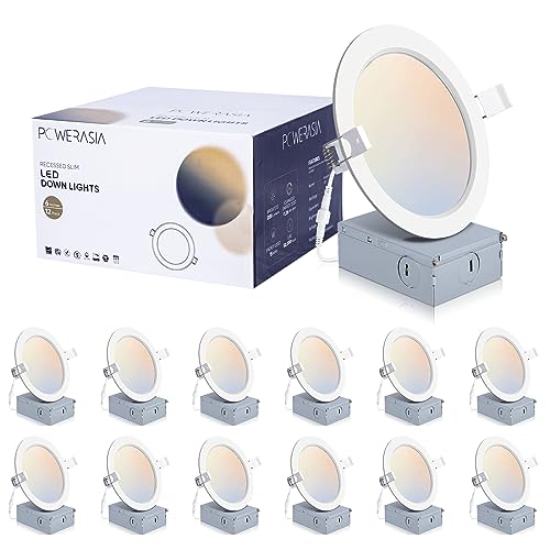 POWERASIA 12 Pack 6 Inch Ultra-Thin LED Recessed Ceiling Light with Junction Box, 5CCT Dimmable 2700K/3000K/4000K/5000K/6000K,15W 1200lm Can Killer Downlight-ETL and Energy Star Certified -  001