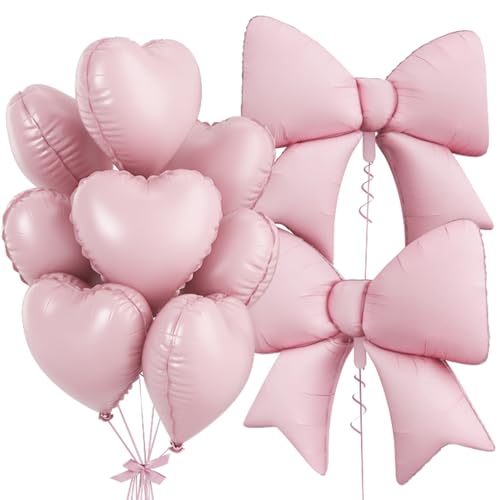 Pink Heart Balloons Pink Bow Balloons 10Pcs 18 Inch Heart Shaped Balloon and 38 Inch Helium Bow Foil Balloon for Girls Women Valentines Day Baby Shower Bridal Shower Engagement Birthday Party Decor