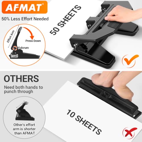 Image of AFMAT Heavy Duty 3 Hole Puncher, 50-Sheet Paper Punch Heavy Duty, 50% Reduced Effort Three Hole Punch, 10K+ Uses, Metal Hole Puncher 3 Ring w /Large Tray, Bulit-in S.S. Paper Guide HPX4(Black)