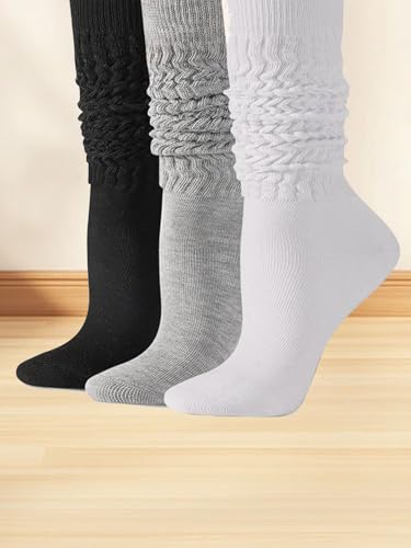 3 Pairs Women Slouch Socks, Womens Socks for Short Boot, Knit Crew Boot Socks, Black+White+Gray