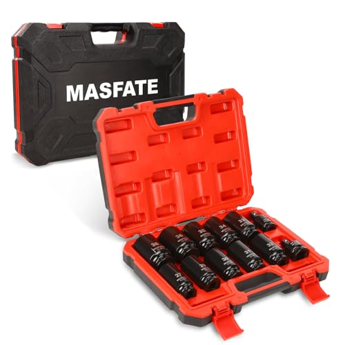 Masfate Impact Socket Set, 12-Piece 1/2" Drive Deep Sockets, Metric 27-38mm, 78mm Length, 6-Point, CR-MO Steel, with 3/4" to 1/2" Adapter & Universal Joint, for Heavy-Duty Automotive & Truck Repair