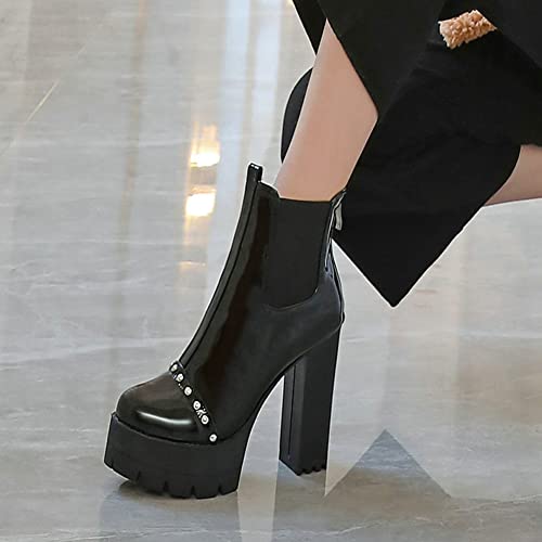 FufoneUS Womens Chunky Heel Ankle Boots Platform High Heel Round Toe Zipper Elastic Combat Booties3