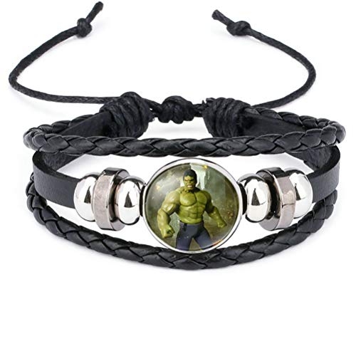 MoMoSo_Store Super Hero Logo Wristband Superheroes Green Lantern Batman Hulk Wonder Girl Hulk Spider Iron Superman Logo Leather Glass Cabochon Bracelet (Green Body)