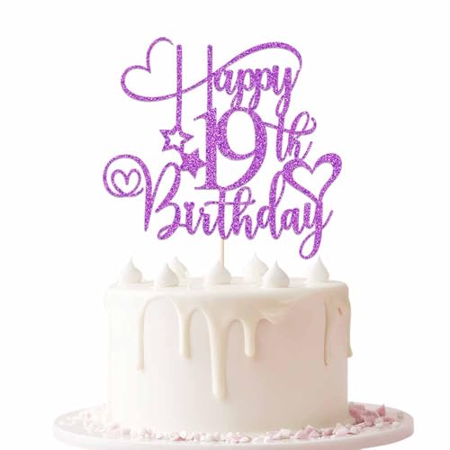 Keoysek Purple Glitter Happy 19th Birthday Cake Topper, 19th Birthday/Anniversary Cake topper (Purple-19th)