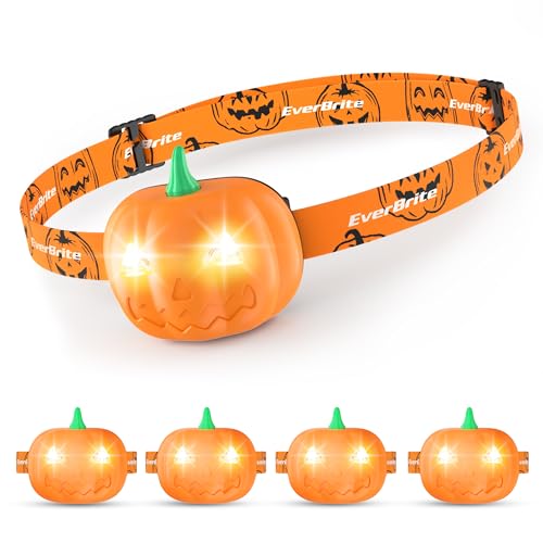 EverBrite Halloween Pumpkin Headlamp 5 Pack, 2 Modes LED Head Lamp Adjustable Headband, Pumpkin Lights Party Favors, Orange Spot & Strobe Lights Halloween Gifts Pumpkin Head 5PCS