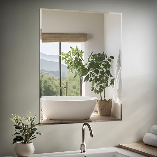 Image of Gatco 1804 Bathroom Wall Mirror, 36 inch H x 28 inch W Modern Mirror for Living Room, Vanity, Slim Design Beveled Frameless Extra Large Rectangle - Hangs Horizontal or Vertical with Easy Mount Safety Bracket