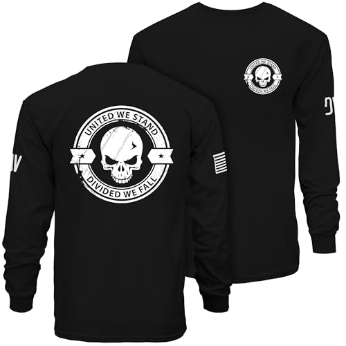 Dion Wear Divided We Fall Long Sleeve T-Shirt - Skull Emblem Graphic Shirt for Men - 100% Cotton Crew Neck Tee