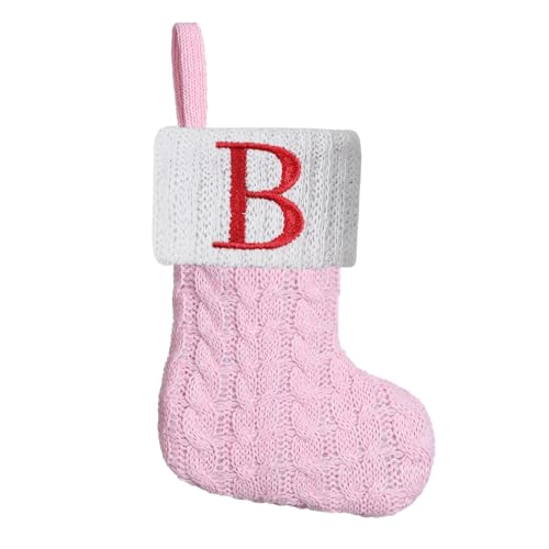 Pxniy Pink Knitted Mini Christmas Stockings 8 inch, Embroidered Initials