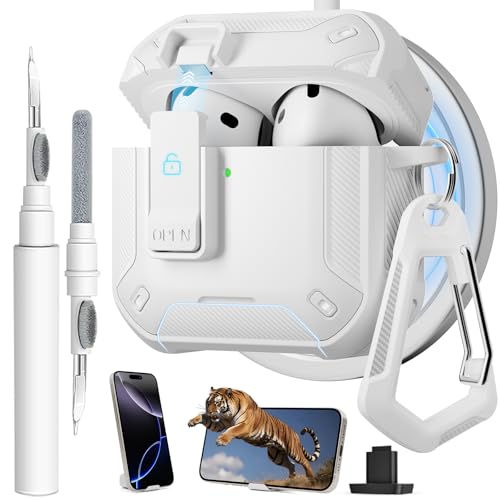 Image of for AirPods 4 Case with Magnetic Secure Lock Clip and Phone Stand, Compatible with Magsafe Charging, with Carabiner&Cleaner kit for Apple iPod 4th Generation Cover(2024) Men Women (White)