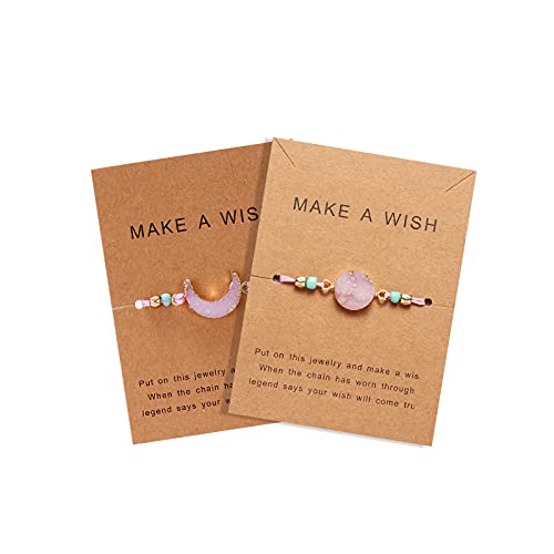 COLORFUL BLING 2pcs Resin Moon Crescent Round Natural Stone Bracelets Set Friendship Hand Woven Braided Stretch String Adjustable for Couples Lovers Personalized Wish Card Jewelry-Pink