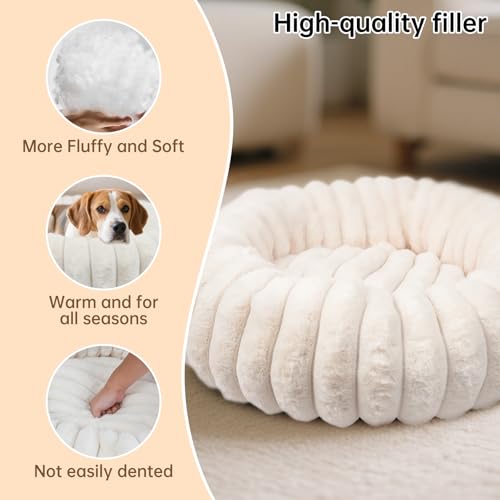 Donut Dog and Cat Bed, Luxurious Comfortable Faux Rabbit Fur Pet Beds, Round Anti-Anxiety Calming Puppy Kitten Bed with Anti-Slip Bottom for Small Medium Dogs & Cats(20", White) - Image 5