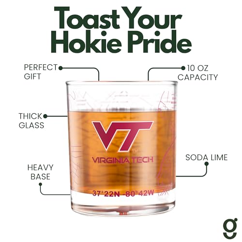 Image of Greenline Goods Virginia Tech University Hokies Whiskey Glasses Set of 2, 10 oz Rocks Glasses with Full-Color Logo & Campus Map - Officially Licensed Bourbon Glass Gift for Alumni & Fans