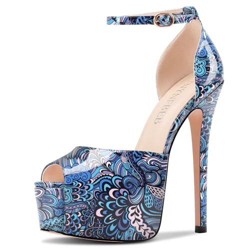 Image of TNYNFBEB Womens Stiletto High Platform Heel Peep Open Toe Sandals Ankle Strap Buckle Prom Party Dress Patent Leather 6.1 Inches Heels
