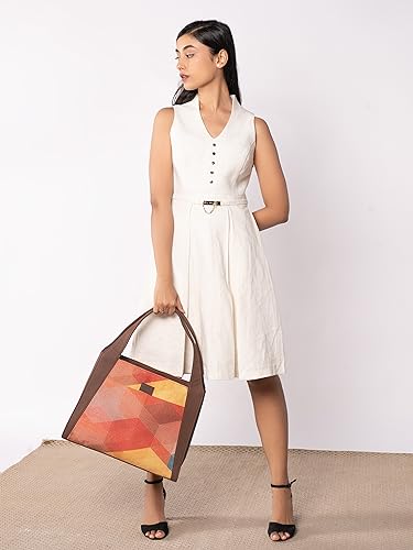 Image of ZOUK Printed Jute Handcrafted Vegan Leather Grey Women's Stylish Tote Bags | Trapezia Tote| Shoulder bag with double handle