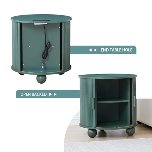 Image of 24 inch Fluted Round Nightstand Set of 2, Mid-Century Large Wooden End Table with Charging Station, Farmhouse Storage Side Table with Sliding Door for Bedroom Living Room (2XRound, Green)