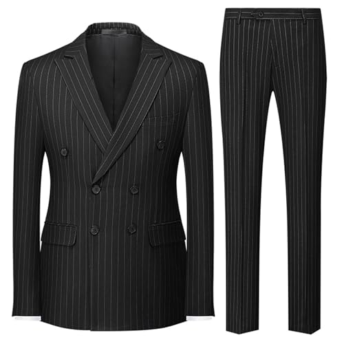 UNINUKOO Men's Suits 2 Piece Pinstripe Double Breasted Tuxedo Suit for Men Slim Fit Formal Dress Blazer Jacket Pants US Size XL Black