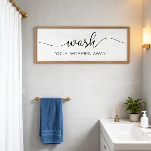 Wash Your Worries Away Bathroom Wall Decor Sign – 32x12