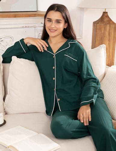 Image of Womens Muslin Pajama Set 100% Cotton Double Gauze Linen Like | Breathable Soft Comfort Button Up Loungewear Sleepwear PJ Set