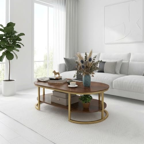 Image of NEST NATURE HAVEN Coffee Table for Office, Dining, Tea Room, Center Table for Living Room, Contemporary Simple Cocktail Table with Brown Desktop and Gold Metal Frame