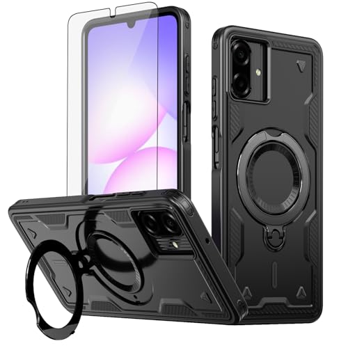 Asuwish Phone Case for Samsung Galaxy A07 4G Cover with Tempered Glass Screen Protector and Kickstand Magnetic Ring Holder Dual Layer Hybrid Cell Accessories Protective AO7 A 07 G4 Women Men Black